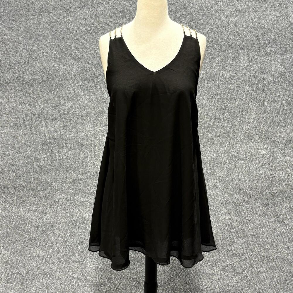 Millau Dress Womens XS Black Chain Strap V Neck Chiffon Swing Trapeze Mini Party